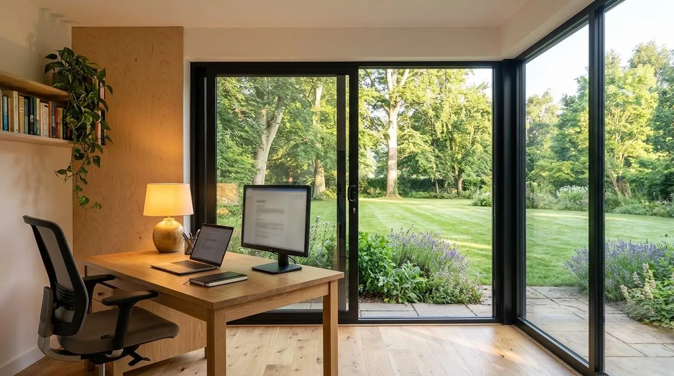 Inside a cedar garden office: oak desk, monitor and lamp, with glass doors open to the lawn