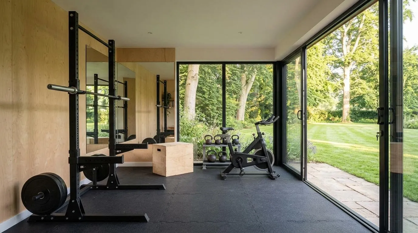 Inside a garden gym: squat rack, plyo box, exercise bike and kettlebells, with glass doors to the garden