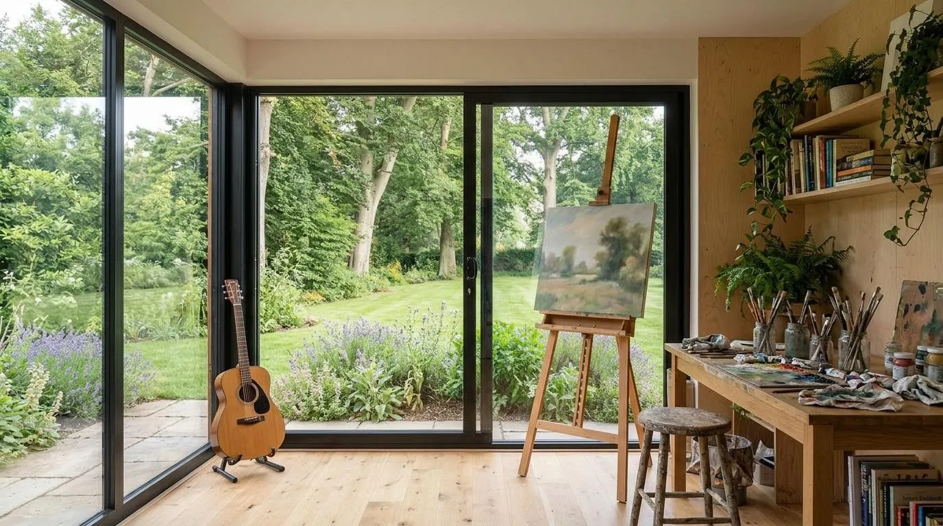 Inside a garden studio: easel with a landscape painting, guitar and a paint-covered worktable