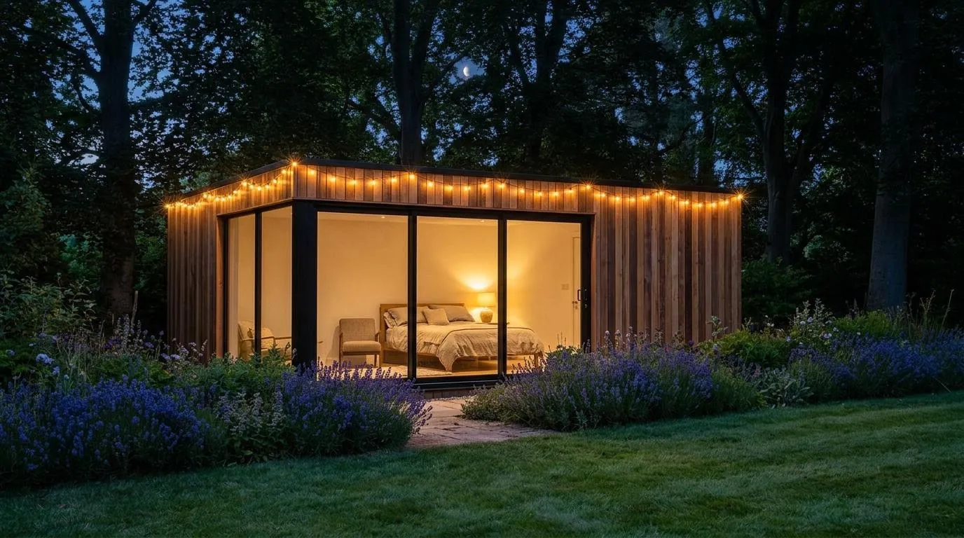 A cedar garden annexe at dusk with string lights, a bed and lamp glowing through the glass