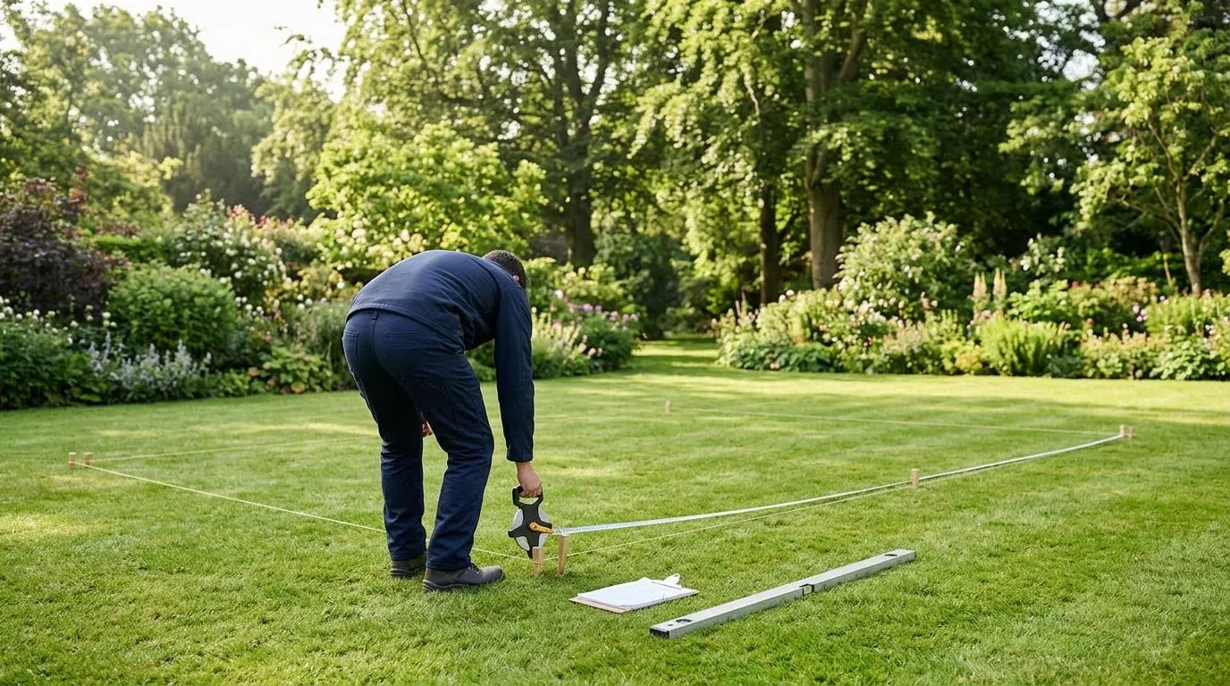 A builder measuring out a lawn with a tape, pegs and string lines for a new garden room
