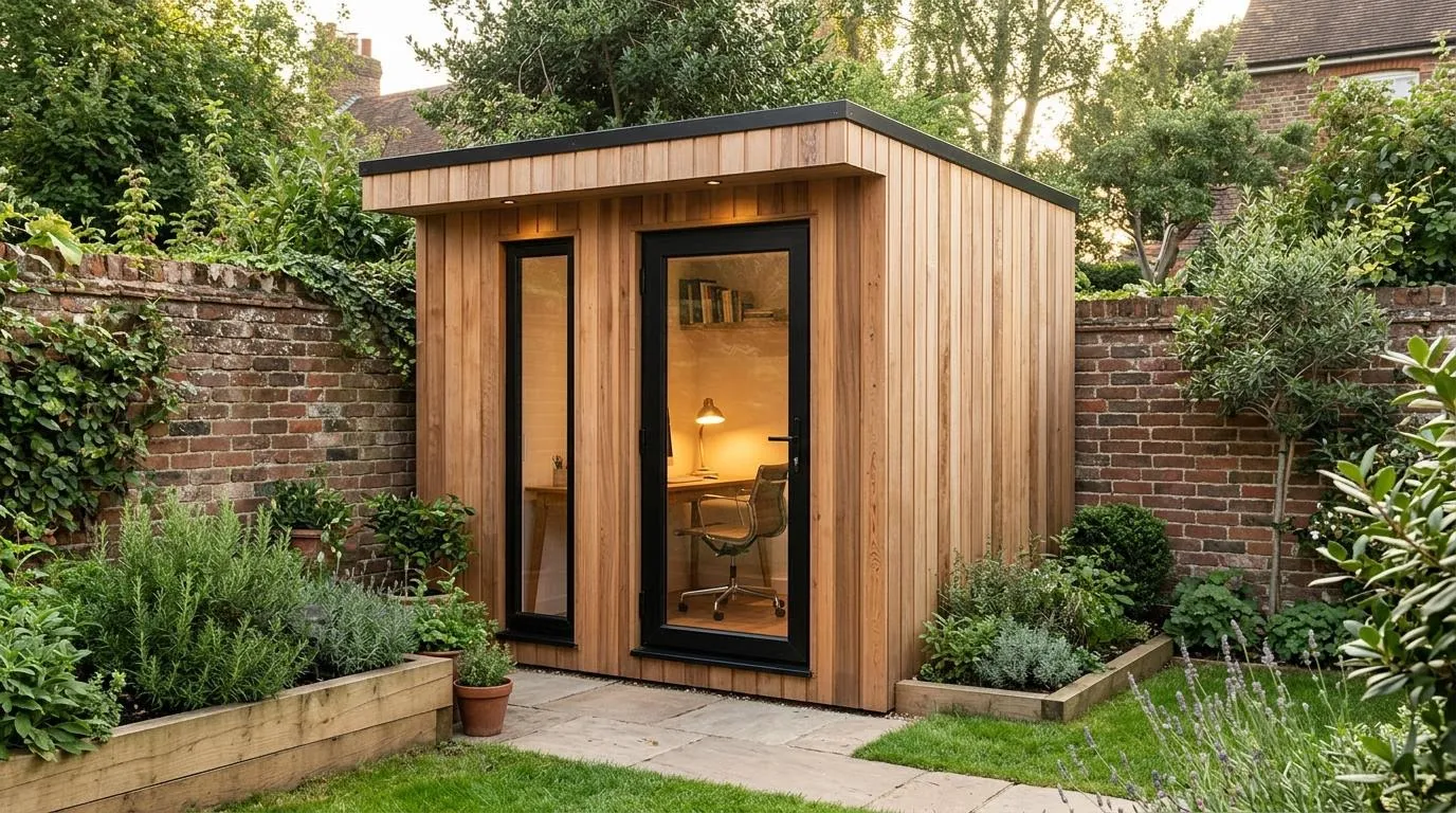 A compact three by three metre cedar garden office in a walled town garden