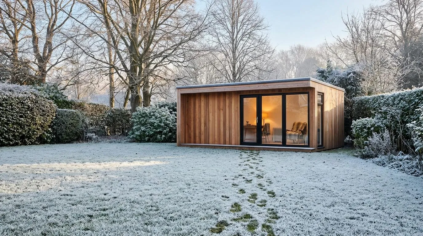 A cedar garden room glowing warm on a frosty winter morning, footprints across the white lawn